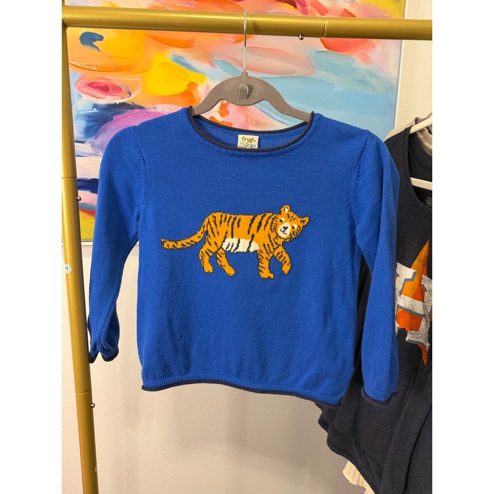 Frugi Kids Blue Organic Cotton Tiger Knit Sweater 4-5 Years